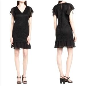 NWT Sam Edelman Flutter Sleeve Lace and Chiffon Dress Black Size 14